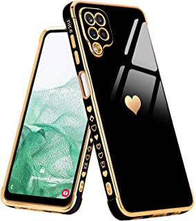 Urarssa for Samsung A12 Case Cute Bling Plating Heart Design Cases Women Girls Shockproof Bumper Silicone Slim Protective Cover for Samsung Galaxy A12 5G, Black