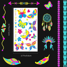 XINDY 20 Sheet Neon Temporary Tattoos, Glow Neon Tattoos, UV Black Light Neon Face Body Tattoos Flash Fake Tattoos Rave Festival Accessories for Women Glow in the Dark Party Supplies