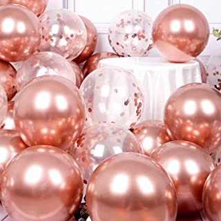 OHugs 12 Inch Metallic Rose Gold Balloons Set of 50 Chrome Rose Gold Latex Balloons & 15 Confetti Balloons for Baby Shower Decorations, Bridal Shower, Birthday Party Balloons, Engagement, Hen Party