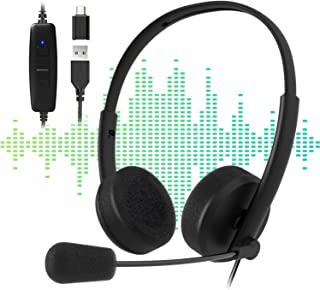 USB Headset with Microphone Noise Cancelling, Venker USB Type-C/USB-A Jack 2-In-1 Earphone with Volume Control, Laptop Computer On-Ear Headphones