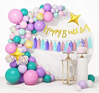 162 Pcs Unicorn Birthday Balloons Arch Garland Set Girls Lady Happy Birthday Banner Tassels Decorations Kit Pastel Macaron Purple Pink Party Foil Gold Star Pastel Confetti Latex Balloons Baby Shower