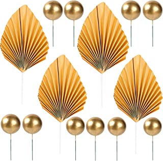 14 Pcs Paper Palm Cake Decorations Include 4 Palm Leaf Cake Topper DIY and 10 Round Ball Cake Insert Decoration Birthday Cake Ornament（Gold）