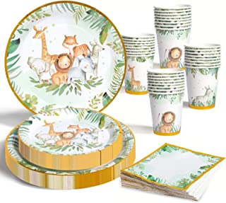 Jungle Safari Theme Party Tableware Set, Kids Birthday Party Supplies 96pcs Paper Plates and Napkins Cups, Disposable Baby Shower Plates and Napkins Party Tableware Dinnerware for Birthday Baby Shower