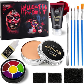 Special Effects Halloween Makeup Set, Afflano Nose & Scar Wax 60g+Fake Blood+Stipple Sponge3+Spatula+Skin Wax Oil, Festival Stage Theatrical Wound Modeling Scar SFX Vampire Bruise Makeup 13 Kit