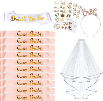 AniSqui 16pcs Hen Do Accessories, (1 Bride to be Sash + 10 Team Bride Sash + 3 Bride Tattoos + 1 Hen Party Veil + 1 Bride to be Tiara) Hen Party Accessories