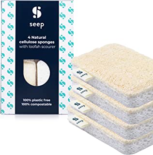 SEEP Eco Sponges Washing Up - Compostable Kitchen Sponge - Cleaning Sponges Made Using Loofah - Sponge Scourer - 4 x Pack Multipack