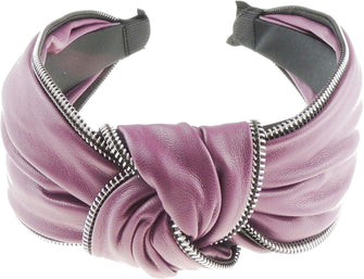 Womens Vegan Faux Leather Silver Tone Zipper Zip Trim Knotted Wide Top Knot Fabric Turban Evening Boho Retro Funky Vintage Headband Alice Band Hair Hairband For Christmas Birthday Wedding (Purple)