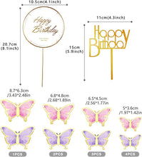 OWill 22-Pieces Butterfly Cake Decorations with Happy Birthday Acrylic Cake Toppers for Baby Shower Wedding Birthday Party Decor (Purple & Pink)