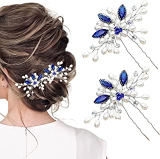 Flower Bridal Hair Pins Pearl Bride Wedding Hair Accessories Rhinestone Hair Piece for Women and Girls(Blue) (Hair Pin-2)
