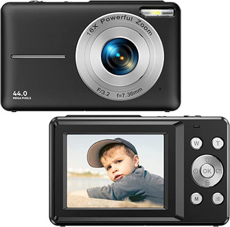 Digital Camera, 1080P Compact Camera FHD Photo Camera 44MP Vlogging Camera Portable Mini Children's Camera with LCD Screen, 16X Digital Zoom and 1 Battery for Students, Teenagers, Girls, Boys-Black