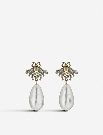 Bee crystal embellished and drop pearl earrings