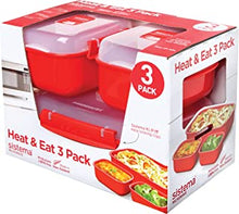 Sistema Heat & Eat Microwave Containers | Stackable Lunch Boxes with Clip-Close Lids | Red/Clear | Pack of 3