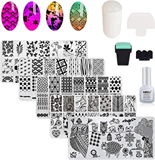 AIMEILI Nail Art Stamping Templates Manicure Tool Kit 5Pcs Nail Stamping Plates, 2 Stamper, 2 Scraper, 1 Latex Peel Off Tape