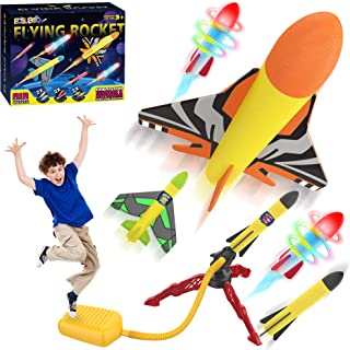 Garden Outdoor Games Toys for Kids, Space Jump Rocket Launcher for Children(LED Rockets x2, Airplanes x2, Foam Rockets x2), Fun Flying Toys for 3+ Year Old Boys, Presents Gifts for Girls Age 4 5 6 7+