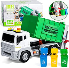 JOYIN 12.5" Garbage Truck Toy with Lights and Sounds, Friction-Powered Waste Rubbish Lorry Truck Recycling Truck Toy Vehicle Set with 3 Bins, Back Bump Function, Educational Gifts for Kids(1:12)