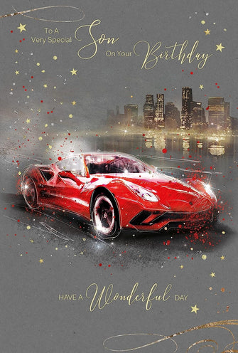 Stunning luxury Son Birthday Card - with sports car image Greeting Card - From The Grayson Range - Gold Foil Finish and Gold Envelope