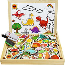 COOLJOY Wooden Magnetic Board Puzzle Games, 118 PCS Double Sided Jigsaw Dinosaur Pattern Drawing Easel Blackboard Educational Wood Toys for Boys Girls Kids Toddler 3 4 5 Year Olds