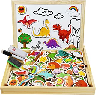 COOLJOY Wooden Magnetic Board Puzzle Games, 118 PCS Double Sided Jigsaw Dinosaur Pattern Drawing Easel Blackboard Educational Wood Toys for Boys Girls Kids Toddler 3 4 5 Year Olds