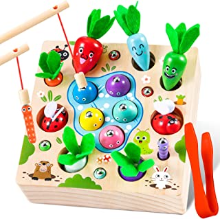 COOLJOY Wooden Fishing Game Toy, 4 In 1 Magnetic Puzzle and Montessori Toys, Carrots Harvest Shape Sorting Game, Motor Skills Educational Toys, Suitable for Children over 3+ Years Old