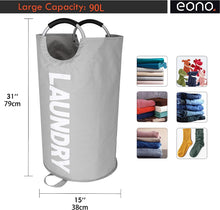 Amazon Brand  Eono 90L Large Laundry Basket, Collapsible Fabric Laundry Hamper, Foldable Clothes Bag, Folding Washing Bin- Grey, L