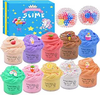 Butter Slime Kit,12 Pack Scented Butter Slime Kits,with 2 Stress Relief Balls, Unicorn, Ice Cream and Fruit Slime Making Kit,Super Soft and Non-Sticky,Educational Slime Toys for Girls Boys Kids