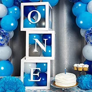 1st Birthday Boxes Party Decorations for Boy Girl, 3Pcs White Transparent Balloon Boxes with ONE Letter, Balloon Blocks for Baby Shower First Birthday Backdrop, 1 One Year Old Birthday Party Supplies