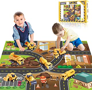 Yetech 7-1n-1 Construction Vehicles Toys Set with Play Mat - 7 Sturdy Engineering Trucks Toys, 27.6*31.5inches Play Mat, Christmas Birthday Gift for Toddlers Boys 3 4 5 6 7 Years Old