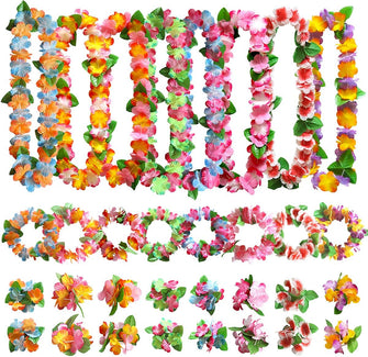 Aviski 32 Pieces Hawaiian Leis Party Decorations, Hawaiian Flower Necklace Flowers Bracelets Headband, for Tropical Hawaiian Party Theme Beach Party Hawaiian Night Bar Beach Vacation