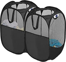 SUPNFOX 2 Pack Mesh Collapsible Laundry Baskets, Pop up Laundry Hamper Bins,Folding Washing Basket with Handles for Clothes Tidy Storage-Black