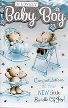 Prelude New Baby Boy Card ~ Congratulations On The Birth Of Your Gorgeous Son ~ Lovely Quality New Baby Bear & Balloons Card.