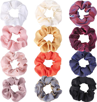 MiDoDo Organza Hair Scrunchies for Women 12 Pack Elastic Scrunchies Hair Ties Ponytail Holders Stretchy Scrunchy Hair Bands Shiny Colorful Hair Bobbles Ropes Scrunchie for Women Girls Hair Styling