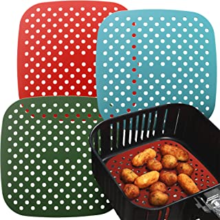 Reusable Silicone Air Fryer Liner by Linda’s Essentials (3 Pack) - Non Stick and Easy Clean Air Fryer Silicone Liner, Airfryer Accessories, Includes Cheat Sheet and Recipe Book - 21.6 cm Square