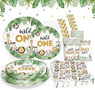 Heboland Wild One Birthday Decorations Plates Set for 25 Guests, Boys Jungle Theme Party Decorations Paper Plates Cups Napkins Straws Tableware Set Wild One Party Supplies