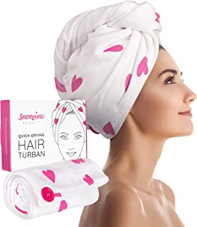 Snoozing Beauty - Quick Dry Hair Turban Towel | Luxury Super Absorbent Rapid Drying Hair Towel Wrap | Unique Heart Design Microfiber Hair Towel for Women or Girls | 64 x 27 cm