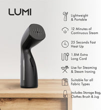 LUMI  Handheld Clothes Steamer For Home & Travel  UK Plug  105ML Tank Capacity  Fast 25s Heat-Up  Jug, Brush & Travel Bag  2 in 1 Travel Iron & Portable Steamer  Mini Hand-Held Clothes Steamer