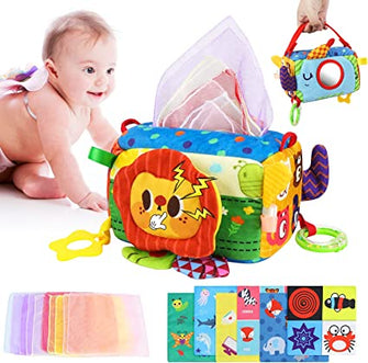 Baby Tissue Box Toy, Yotako 7 -in -1 Sensory Tissue Box Toy Baby Tissue Sensory Toy with Crinkle Tissue Papers Teether Rattle Mirror Scarves Educational Preschool Learning Tissue Box for 6 Months Plus