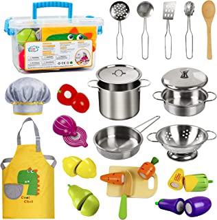 EFO SHM Children's Kitchen Accessories, Wooden Food Play Kitchen, Stainless Steel Cooking Set, Children's Toy Pots, Doll Kitchen Accessories, Wooden Kitchen Toy for Toddler Boys &amp; Girls