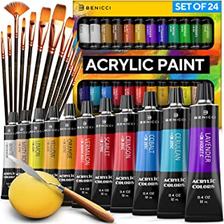 Complete Acrylic Paint Set – 24х Rich Pigment Colors – 12x Art Brushes with Bonus Paint Art Knife & Sponge – for Painting Canvas, Clay, Ceramic & Crafts, Non-Toxic & Quick Dry – for Kids & Everyone!