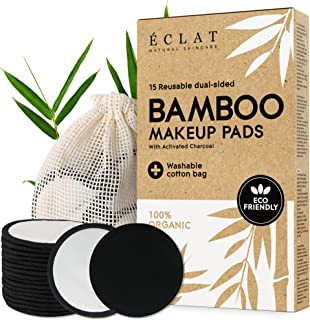 Reusable Bamboo Charcoal Cotton Pads for All Skin Types - 15 pcs Zero Waste Soft Rounds for Makeup Removal, Facial Cleansing - Includes Washable Pure Cotton Bag