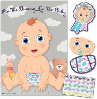 Baby Shower Game  Pin The Dummy On The Baby  35 Player  Blindfold, Winner Prize and XL Poster included for fun boy, girl, neutral / unisex baby shower party  baby shower games modern classic