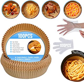 Air Fryer Liners, 100PCS Air Fryer Paper Liner, Non-Stick Waterproof Food Grade Parchment Paper Liners for Air Fryer Accessories, Steamer Microwave Oven (6.3 inch, with Disposable Gloves)