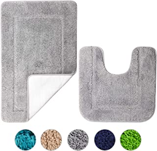 SOANNY Grey Bath Mat Set of 2, High Density Soft Microfiber Non Slip Bathroom Mats with Water Absorbent, 53 X 86 CM Bathtub Rug & 50 X 50 CM Toilet Pedestal Mat, Shower Rugs Machine Washable