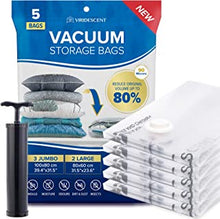 Vacuum Storage Bags for Clothes - Vacuum Bags for Duvets, 5 pack (3 Jumbo, 2 Large) with Travel Pump, Premium Vacuum Bags for Clothes, Save 80% Space, 35% Thicker Plastic, by Viridescent