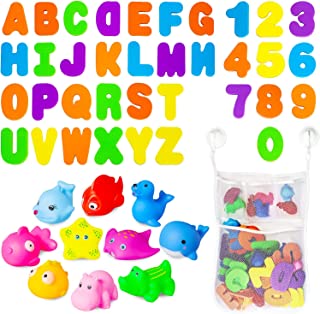 Jiosdo Bath Toys - 36 Foam Bath Letters and Numbers, 10 x Floating Animal Toy, Mesh Bath Toy Storage Organiser With 2 Waterproof Self Adhesive Hooks, Toddlers Kids Bath Toys (Letters A-Z; Numbers 0-9)