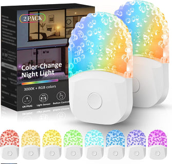 LED Night Light [2 Pack], Plug in Night Light with Dusk to Dawn Photocell Sensor & Brightness Adjustable, Night Light Kids Plug in Wall for Baby, Childrens, Warm White + RGB Mode Nightlight