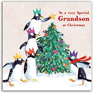 The Heritage Press 'To a Very Special Grandson at Christmas' Greeting Card - Cute Christmas Tree & Peguins Design - Eco-friendly, Made in the UK