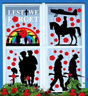 Party-poter Lest We Forget Stickers 8 Sheets Poppy Window Stickers Remembrance Day Stickers Remembrance Day Window Decoration Remembrance Window Sticker Poppy Stickers for Window Glass Poppy Stickers