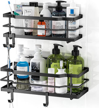 DIFULI Shower Caddy Shelf 2 Pack, Black Adhesive Shower Shelves, Anti-Rust Bathroom Caddy No Drilling with 4 Hooks, Shower Organiser Accessories