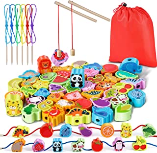 Jojoin 46 PCS Wooden Threading Toys - 2 in 1 Magnetic Fishing Montessori Toys | Animals Vegetables Fruits Stringing Toys Gifts - Educational Toddler Preschool Activities Beaded Toys for 3 4 Year Old