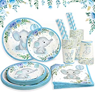 Heboland Elephant Boy Baby Shower Plates Set Decorations for 25 Guests,125 Pieces of Paper Plates Cups Napkins Straws Blue Party Tableware Set Birthday Party Supplies